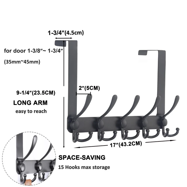 Alt view image 4 of 7 - Over The Door Hook Hanger - Fits 1 3/8" to 1 3/4" Standard Doors | 5 Tri Hooks Heavy Duty Towel/Coat Rack | Door Organizer for Clothes, Jackets, Hats, Towels, Black