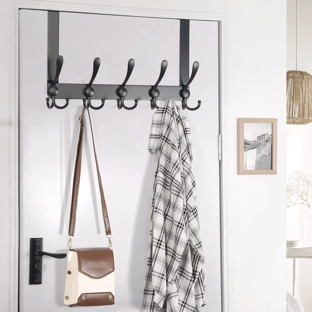 Alt view image 6 of 7 - Over The Door Hook Hanger - Fits 1 3/8" to 1 3/4" Standard Doors | 5 Tri Hooks Heavy Duty Towel/Coat Rack | Door Organizer for Clothes, Jackets, Hats, Towels, Black
