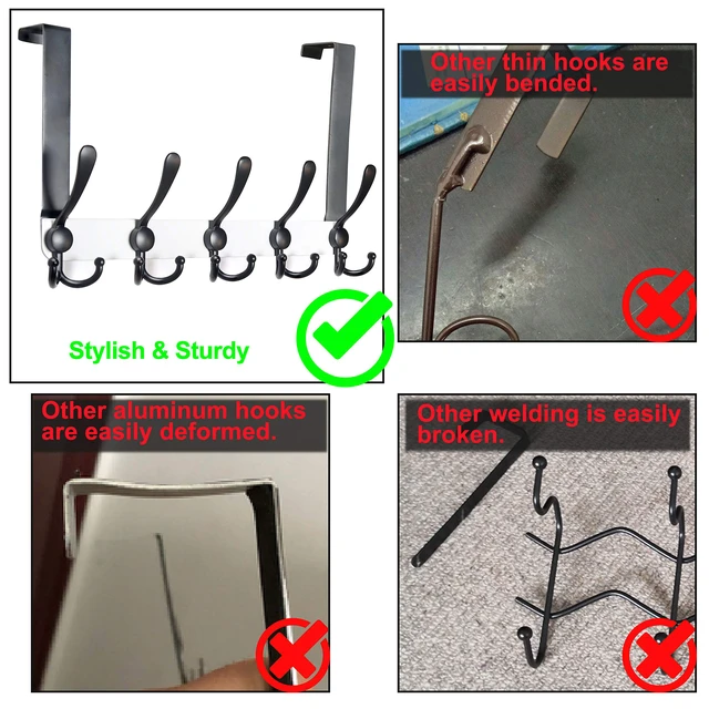 Alt view image 6 of 7 - Over The Door Hook Hanger - Fits 1 3/8" to 1 3/4" Standard Doors | 5 Tri Hooks Heavy Duty Towel/Coat Rack | Door Organizer for Clothes, Jackets, Hats, Towels, White & Black