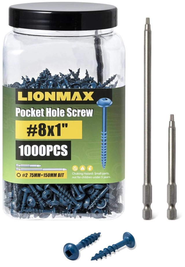 Main image of Pocket Hole Screws 1 Inch, 1000 PCS Exterior Pocket Screws #8 x 1 Rust Resistant Blue Coated, Coarse Thread, Square Drive, Washer Head, for Outdoor Use, Self Tapping, 150MM Drive Bit Included