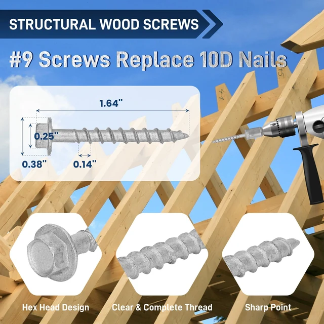 Alt view image 3 of 7 - Mech.Galv.#9 x 1-1/2" Joist Hanger Screws-500 Qty,SD Connector Screws 1/4" Hex Head Hurricane Screws,0.370"-Dia Deck Screw, Replace 10D Nails-1500 Hours Salt Spray Testted Wood Screws