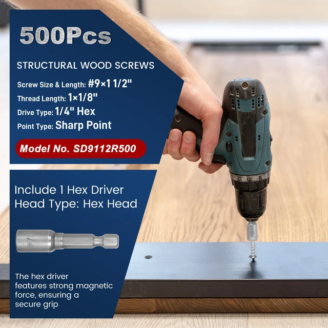 Alt view image 2 of 7 - Mech.Galv.#9 x 1-1/2" Joist Hanger Screws-500 Qty,SD Connector Screws 1/4" Hex Head Hurricane Screws,0.370"-Dia Deck Screw, Replace 10D Nails-1500 Hours Salt Spray Testted Wood Screws