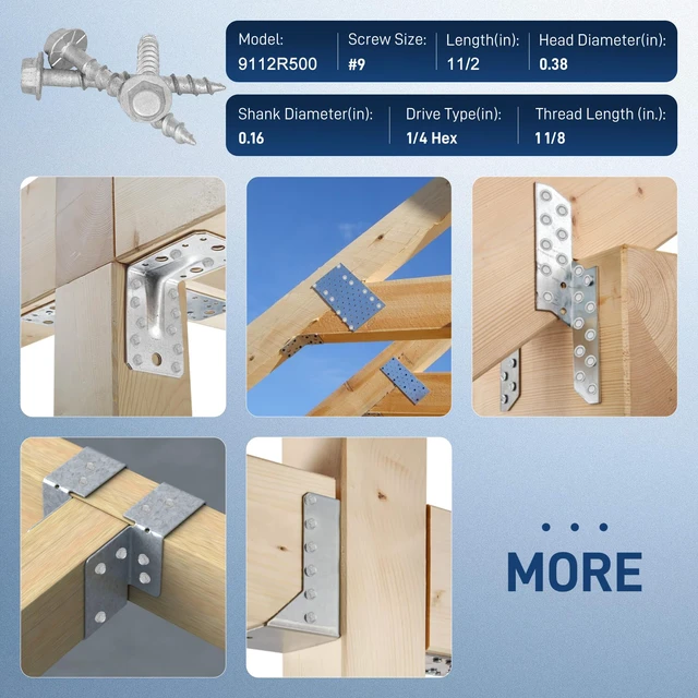 Alt view image 6 of 7 - Mech.Galv.#9 x 1-1/2" Joist Hanger Screws-500 Qty,SD Connector Screws 1/4" Hex Head Hurricane Screws,0.370"-Dia Deck Screw, Replace 10D Nails-1500 Hours Salt Spray Testted Wood Screws