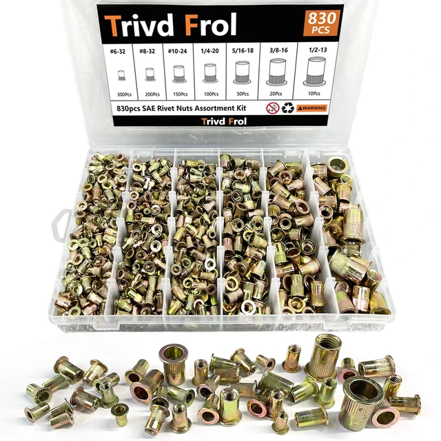 Main image of 830PCS SAE Rivet Nut Tool Kit, 6-32 to 1/2-13 Galvanized Carbon Steel Flat Head Rivet Nuts Assortment Kit, Threaded Insert Rivnuts 8-32,10-24,1/4-20,5/16-18,3/8-16,1/2-13