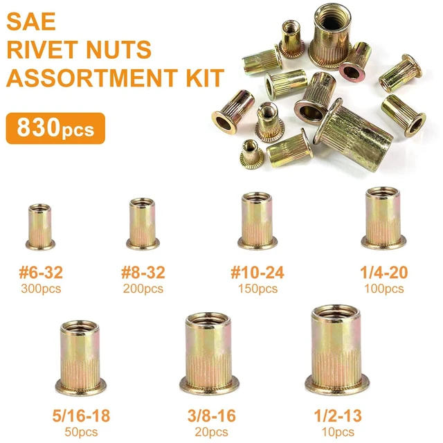 Alt view image 3 of 7 - 830PCS SAE Rivet Nut Tool Kit, 6-32 to 1/2-13 Galvanized Carbon Steel Flat Head Rivet Nuts Assortment Kit, Threaded Insert Rivnuts 8-32,10-24,1/4-20,5/16-18,3/8-16,1/2-13