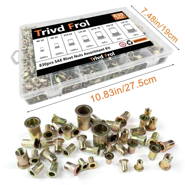 Alt view image 7 of 7 - 830PCS SAE Rivet Nut Tool Kit, 6-32 to 1/2-13 Galvanized Carbon Steel Flat Head Rivet Nuts Assortment Kit, Threaded Insert Rivnuts 8-32,10-24,1/4-20,5/16-18,3/8-16,1/2-13