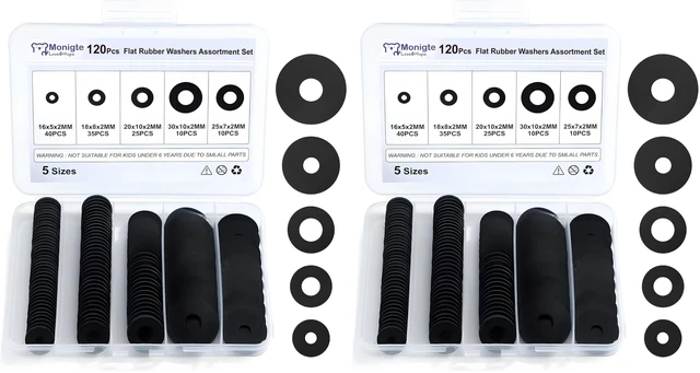 Main image of 120Pcs Flat Rubber Washers Assortment Kit,16/18/20/25/30mm Black Washer,Vibration Absorbing Pads Sealing Rubber Washers for Faucets Garden Bolts Screws Hose Plumbing Shower Head- 5 Sizes (Pack of 2)