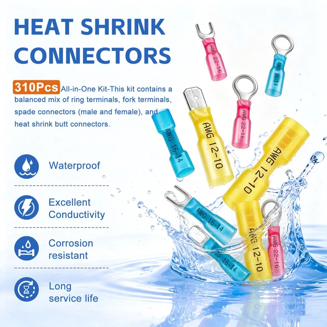 Alt view image 3 of 6 - 310PCS Heat Shrink Connectors,Waterproof Crimp Terminals Waterproof Seal, Corrosion Resistant Thick Tinned Copper, 3:1 Heat Shrink, Color-Coded Identification, Auto & Marine Use