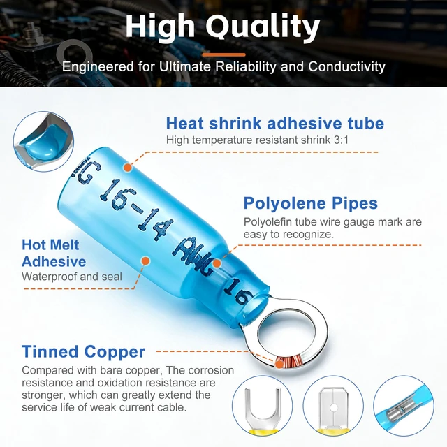 Alt view image 5 of 6 - 310PCS Heat Shrink Connectors,Waterproof Crimp Terminals Waterproof Seal, Corrosion Resistant Thick Tinned Copper, 3:1 Heat Shrink, Color-Coded Identification, Auto & Marine Use