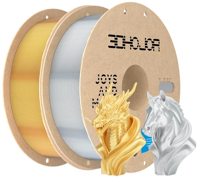 Main image of Silk PLA Filament 1.75mm, PLA Filament 1.75mm Silk Shiny 3D Printer Filament, 1kg*2 Cardboard Spool, Dimensional Accuracy +/- 0.03 mm, Fit Most FDM Printer(Silk Silver+Gold)