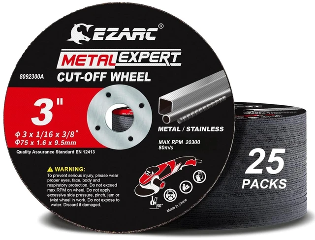 Main image of Metal Cut Off Wheels 3 x 1/16 x 3/8-Inch, 25-Pack Ultra-Thin Discs, Up to 2x Life, Clean Cuts, Die Grinder Cut Off Wheel for Carbon Steel, Stainless Steel, Iron, Copper