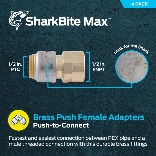 Alt view image 2 of 6 - Max 1/2 x 1/2 Inch FNPT Adapter, Pack of 4, Push To Connect Brass Plumbing Fitting, PEX Pipe, Copper, CPVC, PE-RT, HDPE, UR072A4