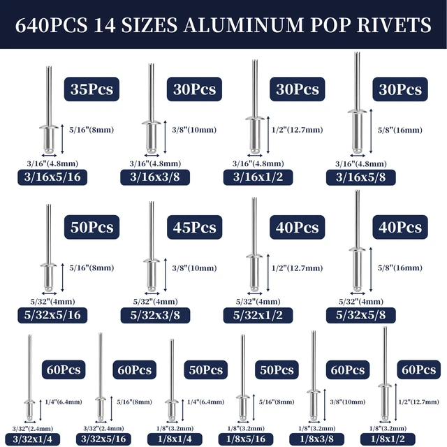 Alt view image 2 of 7 - 970Pcs Aluminum Pop Rivets with Washer Assortment Kit, 14 Sizes Silver Rivets with 3/32" 1/8" 5/32" 3/16" Blind Rivets, Assorted Pop Rivets Set