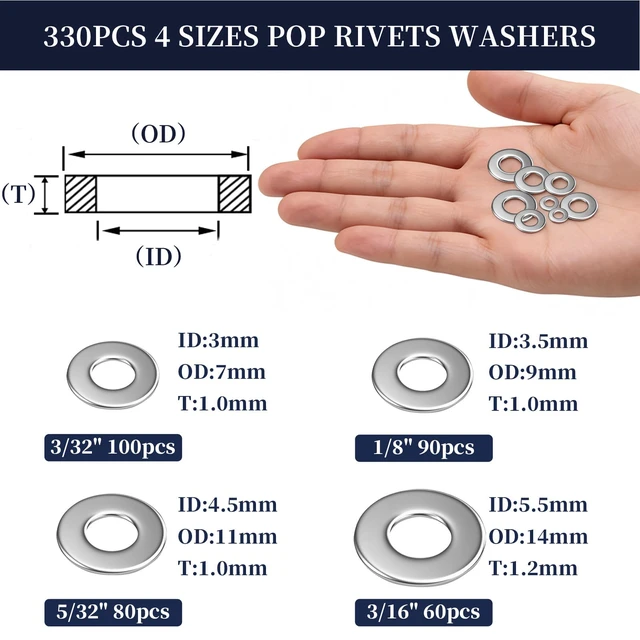 Alt view image 3 of 7 - 970Pcs Aluminum Pop Rivets with Washer Assortment Kit, 14 Sizes Silver Rivets with 3/32" 1/8" 5/32" 3/16" Blind Rivets, Assorted Pop Rivets Set