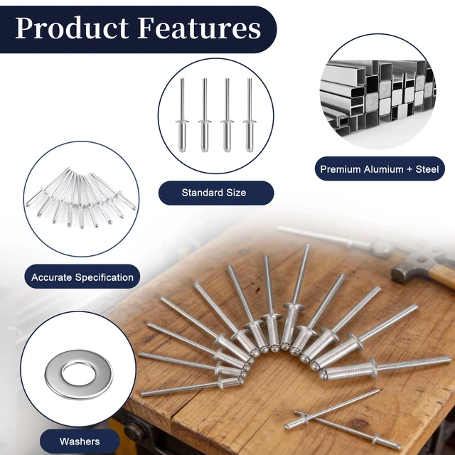 Alt view image 4 of 7 - 970Pcs Aluminum Pop Rivets with Washer Assortment Kit, 14 Sizes Silver Rivets with 3/32" 1/8" 5/32" 3/16" Blind Rivets, Assorted Pop Rivets Set