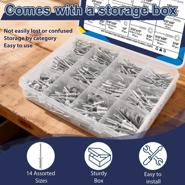 Alt view image 6 of 7 - 970Pcs Aluminum Pop Rivets with Washer Assortment Kit, 14 Sizes Silver Rivets with 3/32" 1/8" 5/32" 3/16" Blind Rivets, Assorted Pop Rivets Set