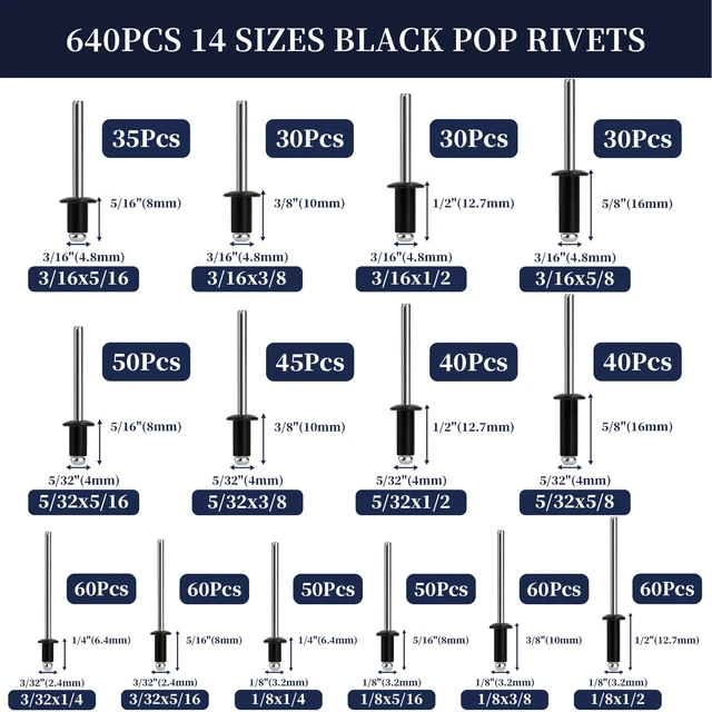Alt view image 2 of 7 - 970Pcs Black Pop Rivets with Washer Assortment Kit, 14 Sizes Black Rivets with 3/32" 1/8" 5/32" 3/16" Blind Rivets, Assorted Pop Rivets Set for Metal