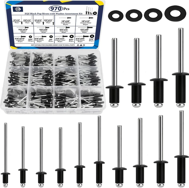 Main image of 970Pcs Black Pop Rivets with Washer Assortment Kit, 14 Sizes Black Rivets with 3/32" 1/8" 5/32" 3/16" Blind Rivets, Assorted Pop Rivets Set for Metal