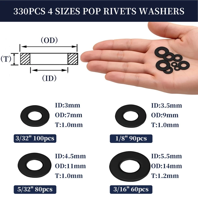 Alt view image 3 of 7 - 970Pcs Black Pop Rivets with Washer Assortment Kit, 14 Sizes Black Rivets with 3/32" 1/8" 5/32" 3/16" Blind Rivets, Assorted Pop Rivets Set for Metal