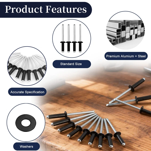 Alt view image 4 of 7 - 970Pcs Black Pop Rivets with Washer Assortment Kit, 14 Sizes Black Rivets with 3/32" 1/8" 5/32" 3/16" Blind Rivets, Assorted Pop Rivets Set for Metal