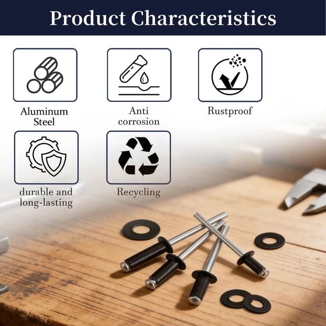Alt view image 5 of 7 - 970Pcs Black Pop Rivets with Washer Assortment Kit, 14 Sizes Black Rivets with 3/32" 1/8" 5/32" 3/16" Blind Rivets, Assorted Pop Rivets Set for Metal
