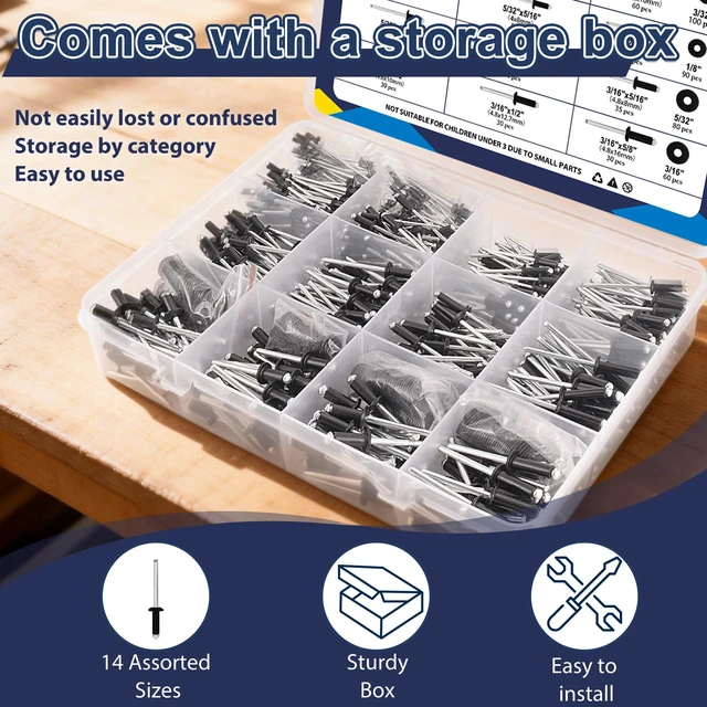 Alt view image 6 of 7 - 970Pcs Black Pop Rivets with Washer Assortment Kit, 14 Sizes Black Rivets with 3/32" 1/8" 5/32" 3/16" Blind Rivets, Assorted Pop Rivets Set for Metal