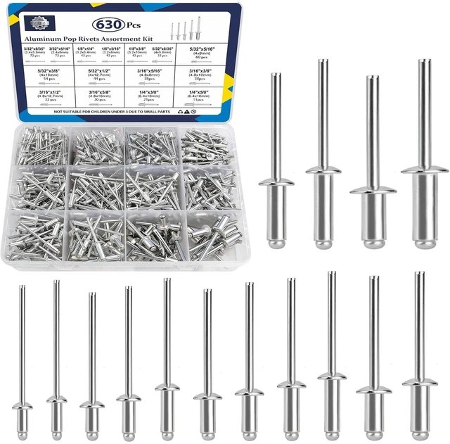 Main image of 630Pcs Aluminum Pop Rivets Assortment Kit, 15 Sizes Silver Pop Rivets, 3/32" 1/8" 5/32" 3/16" 1/4" Assorted Rivets Kit for Metal, Aluminum Blind Rivets Assortment