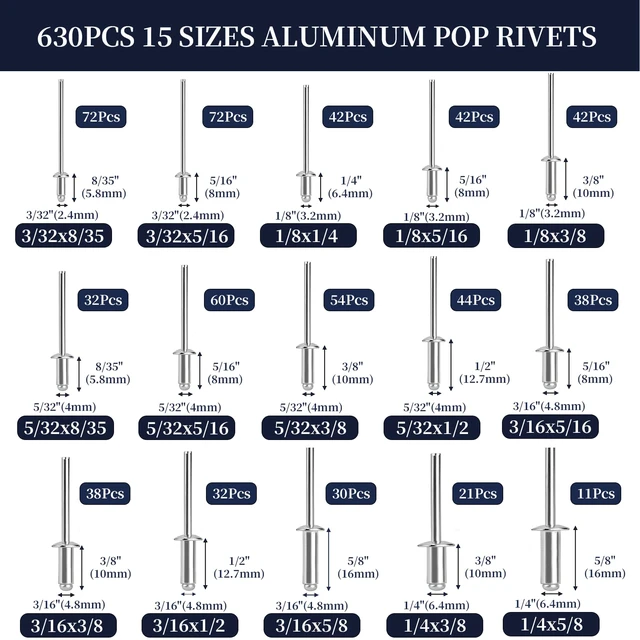 Alt view image 2 of 6 - 630Pcs Aluminum Pop Rivets Assortment Kit, 15 Sizes Silver Pop Rivets, 3/32" 1/8" 5/32" 3/16" 1/4" Assorted Rivets Kit for Metal, Aluminum Blind Rivets Assortment