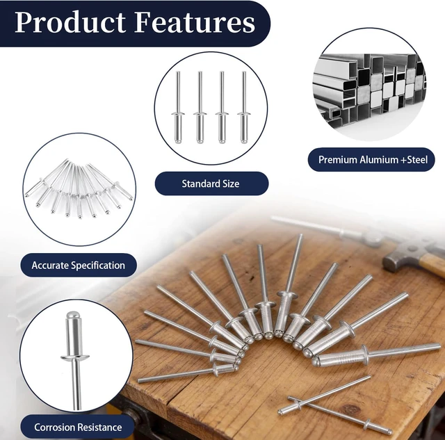 Alt view image 3 of 6 - 630Pcs Aluminum Pop Rivets Assortment Kit, 15 Sizes Silver Pop Rivets, 3/32" 1/8" 5/32" 3/16" 1/4" Assorted Rivets Kit for Metal, Aluminum Blind Rivets Assortment