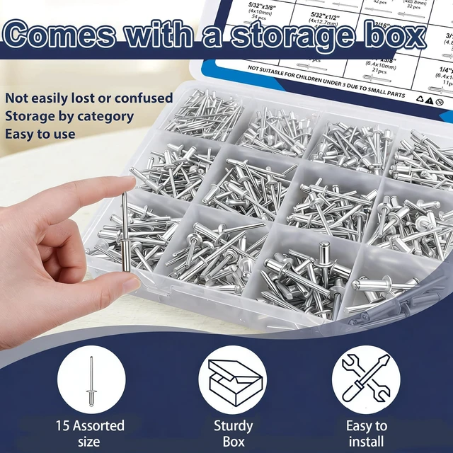 Alt view image 5 of 6 - 630Pcs Aluminum Pop Rivets Assortment Kit, 15 Sizes Silver Pop Rivets, 3/32" 1/8" 5/32" 3/16" 1/4" Assorted Rivets Kit for Metal, Aluminum Blind Rivets Assortment