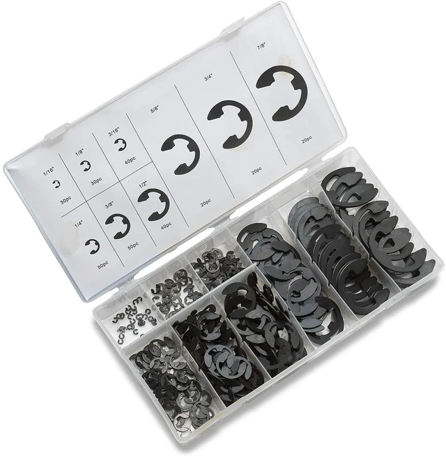 Main image of 50455A E-Clip Assortment Set | 300 PCS, 9 SAE Sizes, Heat Treated External Retaining Clips, 1/16" - 7/8 Inch | High Carbon Steel Circlip Kit, Anti Walk Washers, Retaining Rings