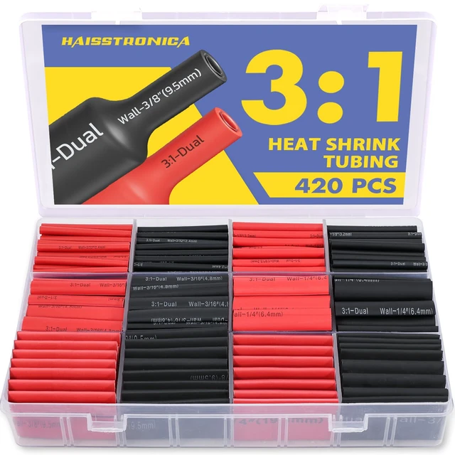 Main image of 420PCS 3:1 Heat Shrink Tubing Kit 7 Sizes 3/32"-3/4" Black/Red Adhesive Lined, Marine-Resistant, Heat-Activated Seal, Electrical Wiring, Wire Insulation, Automotive & Industrial Repair