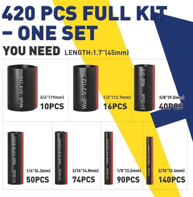 Alt view image 5 of 6 - 420PCS 3:1 Heat Shrink Tubing Kit 7 Sizes 3/32"-3/4" Black/Red Adhesive Lined, Marine-Resistant, Heat-Activated Seal, Electrical Wiring, Wire Insulation, Automotive & Industrial Repair