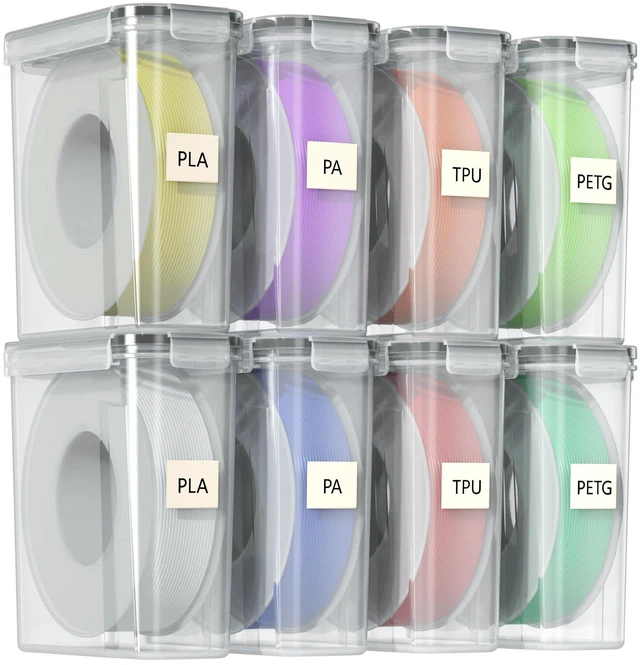 Main image of 3D Printer Filament Storage Box, 8-Pack Airtight Containers for 1kg Airtight silicone gasket and locking clips protect 1kg filament spools from moisture and dust for stable printing performance
