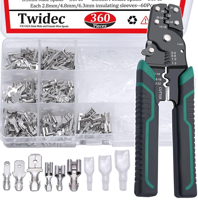 Main image of /360Pcs 2.8/4.8/6.3mm Quick Splice Male and Female Wire Spade Connector Crimp Terminal Block Assortment Kit with Insulating Sleeve for Electrical Wiring Car with Wire Crimper Tool