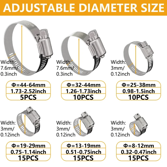 Alt view image 5 of 6 - 70 Pack Stainless Steel Hose Clamp Adjustable Assortment Kit, 8-64mm Worm Gear Drive Hose Clamps Metal Fuel Line Pipe Clamps for Plumbing, Tube, Mechanical, Automotive, Garden and Home Applications