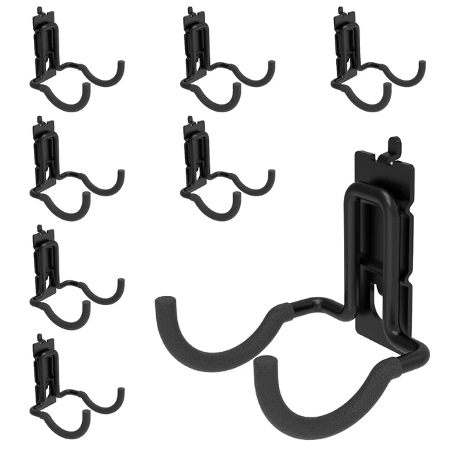 Main image of 8 Pack Double Arm Round Pegboard Hooks for 1/4 Inch Pegboard Tool Holders with 30 lb Capacity, Vinyl Coated Steel Hangers for Garage, Workshop, Drills, Hammers and Cords