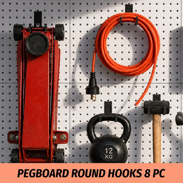 Alt view image 2 of 6 - 8 Pack Double Arm Round Pegboard Hooks for 1/4 Inch Pegboard Tool Holders with 30 lb Capacity, Vinyl Coated Steel Hangers for Garage, Workshop, Drills, Hammers and Cords