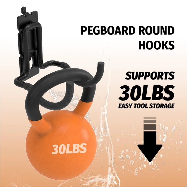 Alt view image 5 of 6 - 8 Pack Double Arm Round Pegboard Hooks for 1/4 Inch Pegboard Tool Holders with 30 lb Capacity, Vinyl Coated Steel Hangers for Garage, Workshop, Drills, Hammers and Cords