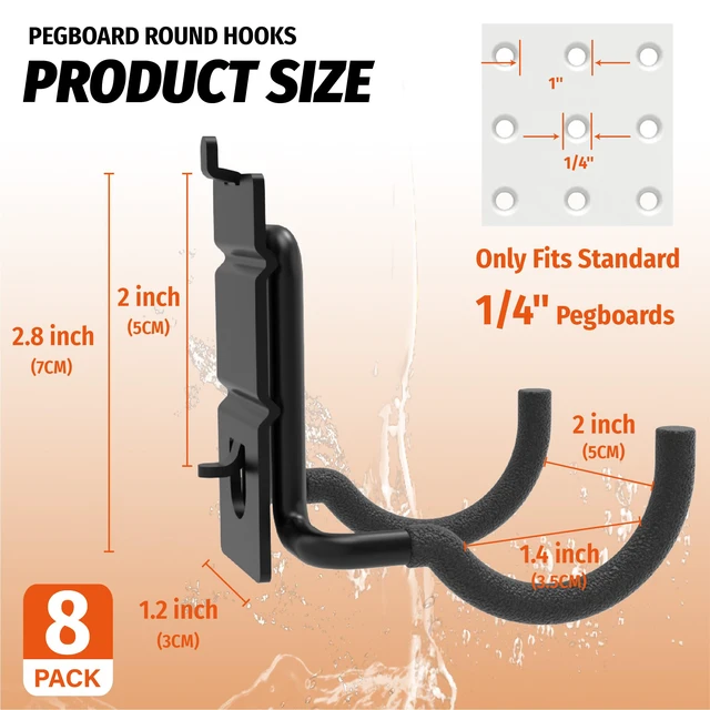 Alt view image 4 of 6 - 8 Pack Double Arm Round Pegboard Hooks for 1/4 Inch Pegboard Tool Holders with 30 lb Capacity, Vinyl Coated Steel Hangers for Garage, Workshop, Drills, Hammers and Cords