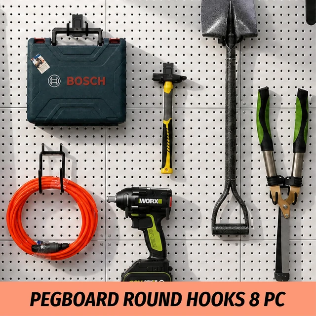 Alt view image 6 of 6 - 8 Pack Double Arm Round Pegboard Hooks for 1/4 Inch Pegboard Tool Holders with 30 lb Capacity, Vinyl Coated Steel Hangers for Garage, Workshop, Drills, Hammers and Cords