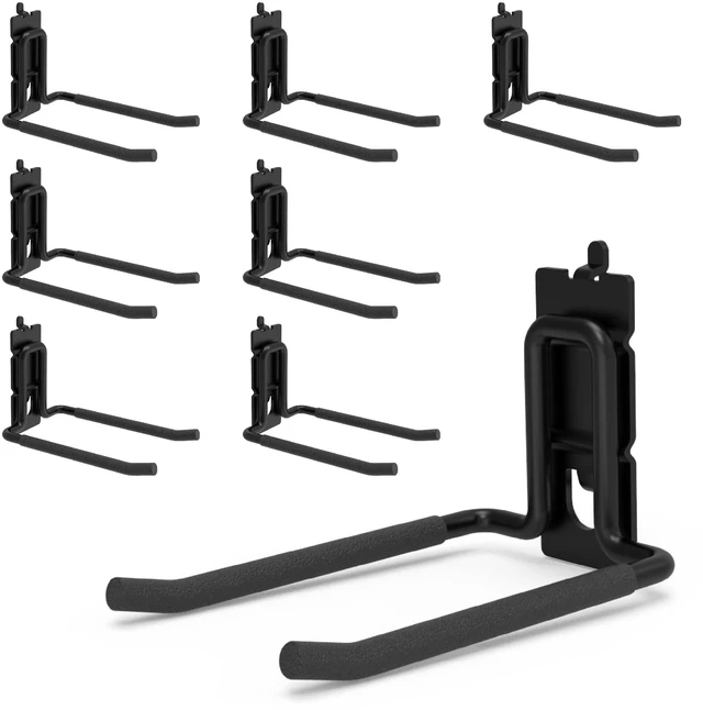 Main image of 8 Pack 4 Inch Double Arm Pegboard Hooks for 1/4 Inch Pegboard Vinyl Coated Tool Holders, 30 lb Steel Hangers for Garage, Workshop, Shed and Workbench Storage