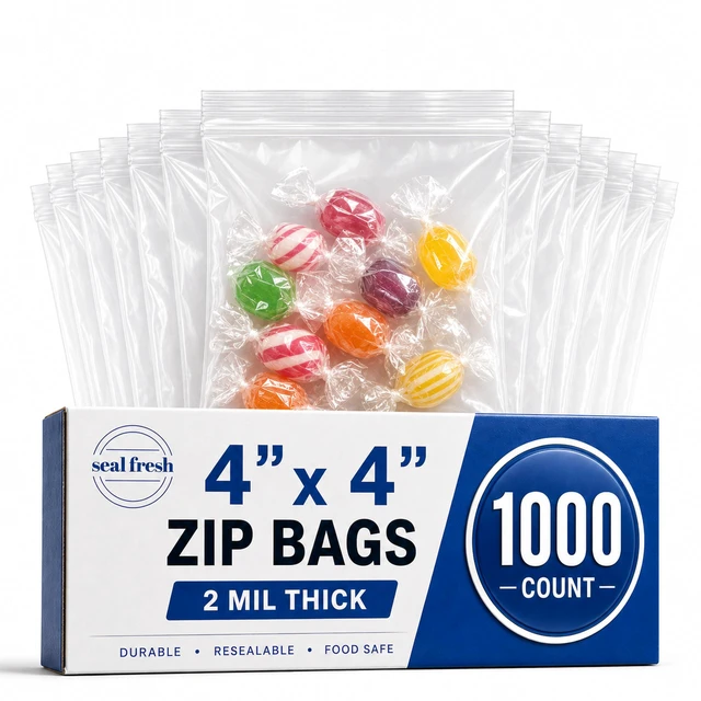 Main image of Zip Bags 4x4 Inches (1000 Count), 2 Mil Clear Plastic Reclosable LDPE Poly Baggies with Resealable Lock Zipper For Snacks, Sandwiches, Cookies, Candies, Treats, Pastries, Party