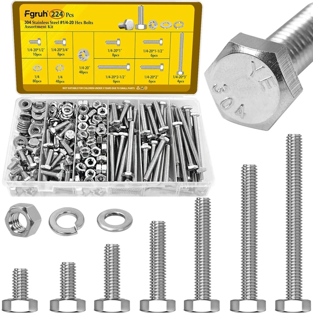 Main image of 224PCS 1/4-20 Hex Bolts and Nuts Assortment Kit, 304 Stainless Steel 1/4-20 x 1/2'', 3/4'', 1'', 1-1/2'', 2'', 2-1/2'', 3'' Hex Bolts Nut and Flat & Spring Washers Assorted Set for Automotive