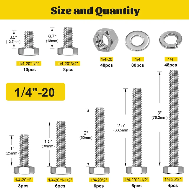 Alt view image 2 of 7 - 224PCS 1/4-20 Hex Bolts and Nuts Assortment Kit, 304 Stainless Steel 1/4-20 x 1/2'', 3/4'', 1'', 1-1/2'', 2'', 2-1/2'', 3'' Hex Bolts Nut and Flat & Spring Washers Assorted Set for Automotive