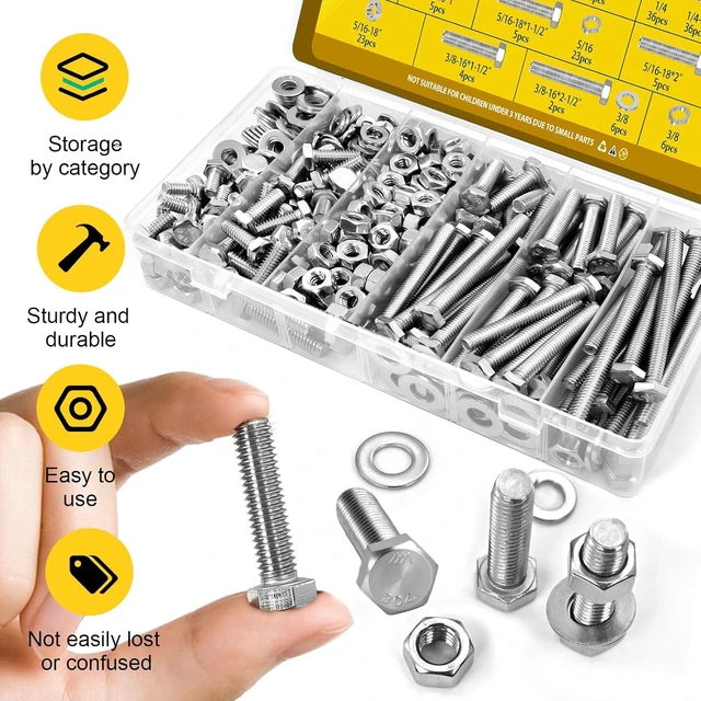 Alt view image 5 of 7 - 224PCS 1/4-20 Hex Bolts and Nuts Assortment Kit, 304 Stainless Steel 1/4-20 x 1/2'', 3/4'', 1'', 1-1/2'', 2'', 2-1/2'', 3'' Hex Bolts Nut and Flat & Spring Washers Assorted Set for Automotive