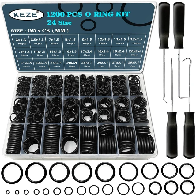 Main image of 1200 Pcs 24 Size Universal Rubber O-Ring Assortment Kit with 4-Piece Precision Pick and Hook Set for Auto Vehicle Faucet Plumbing Pressure Washer Air or Gas Sealing Repair OD:6mm-28mm O Ring