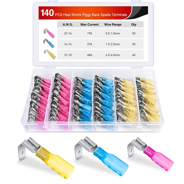 Main image of 140PCS Heat Shrink Piggy Back Spade Terminals Connectors Assortment Kit 22-16/16-14/12-10 AWG Quick Splice Crimp for Auto Cars Trucks Boats and 12V Accessories