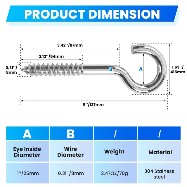 Alt view image 2 of 7 - 12 Pack 5 Inch Eye Bolts M8 Screw in Hooks,304 Stainless Steel Screw-in HooksMetal Ceiling Hooksfor Hanging Plants, Yoga, Lighting fixtures, Indoor and Outdoor use (12, M8-5inch)