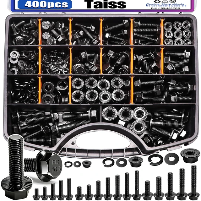 Main image of 400PCS Metric Flange Bolt Assortment Kit,M6x1.0, M8x1.25, M10x1.5 Bolts(12mm to 45mm),Hex Bolts and Nuts Washers Kit,Metric Bolt Assortment for Automotive Fasteners,10.9 Black Zinc Galvanized